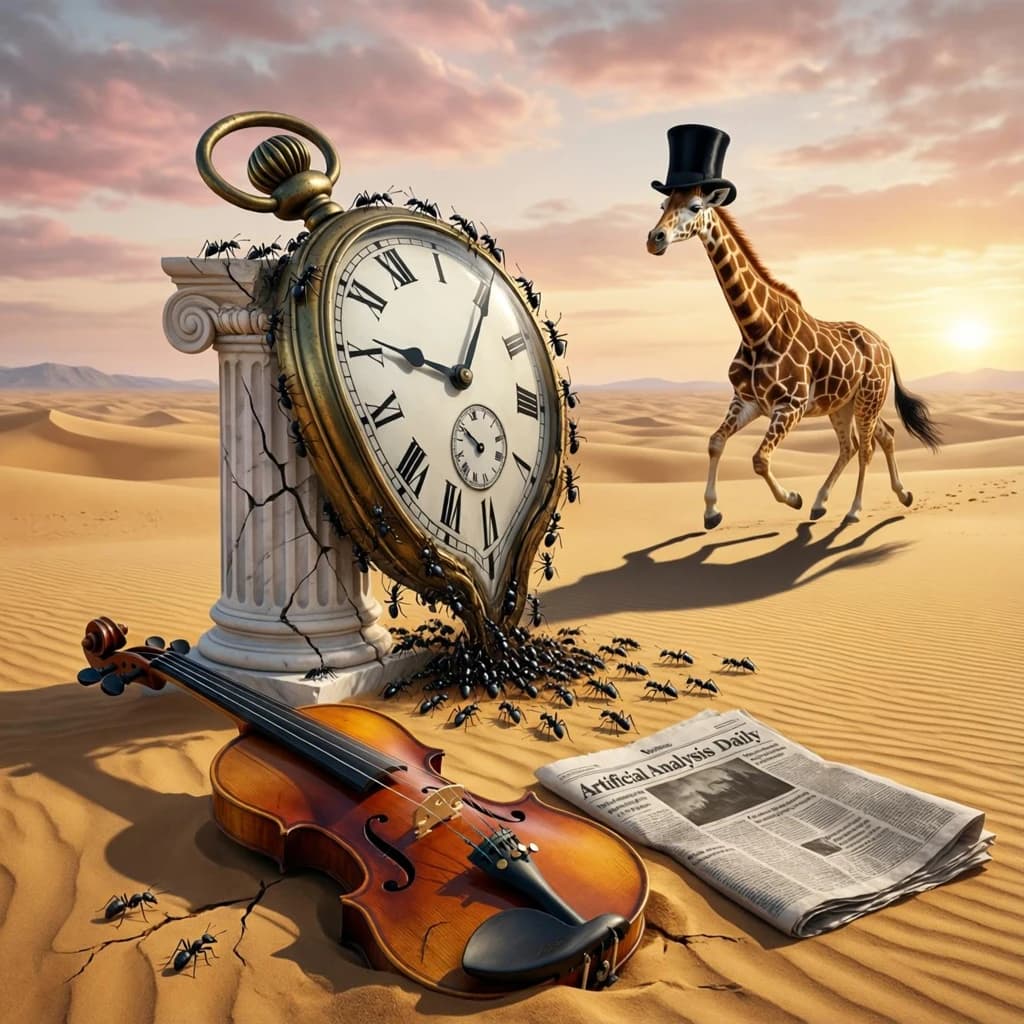 A vast desert plain stretches endlessly under a sky streaked with pale pink and ochre clouds. In the center stands a colossal clock, its face drooping and melting over the edge of a broken marble column. Ants swarm across its warped surface, glinting in the harsh sunlight. To the right, a horse with a giraffe like neck wearing a top hat strides toward the horizon, its shadow stretching miles across the sand. A cracked violin lies half-buried in the foreground, strings snapping outward like veins. Painted in the dreamlike surrealist style. A newspaper named the "Artificial Analysis Daily" lies on the Floor.