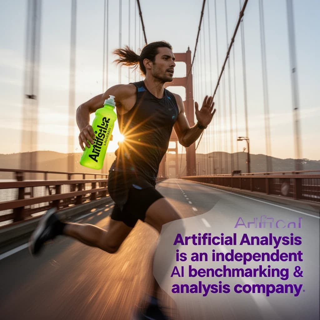 A runner dashes across the Golden Gate Bridge at dawn, sunlight streaming between cables. In their hand, they carry a neon-green sports drink with the brand name Artificial Analysis splashed boldly across the bottle. Motion blur emphasizes speed, while crisp purple sans serif typography overlays the bottom right of the scene with the tagline: Artificial Analysis is an independent AI benchmarking & analysis company