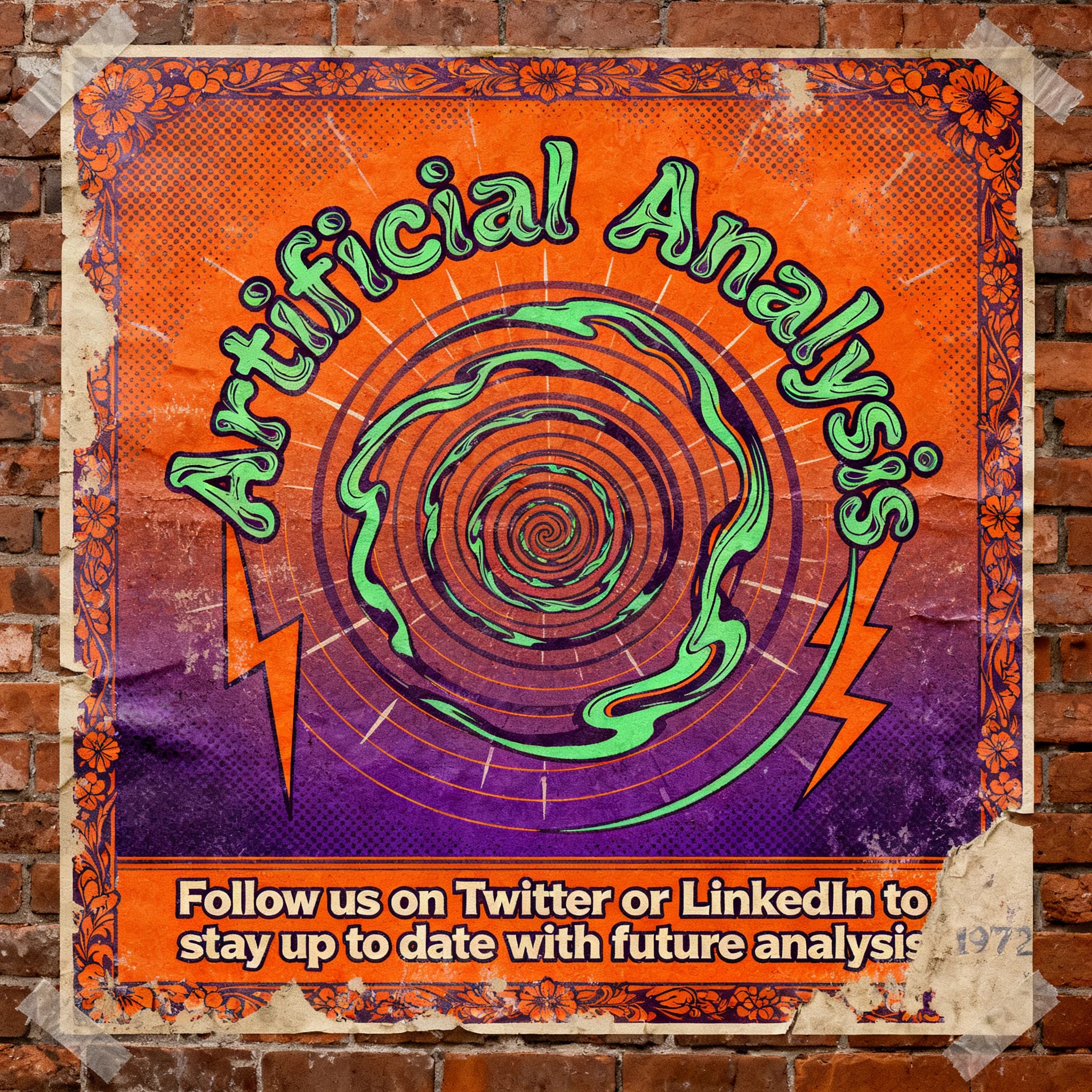 A portrait layout psychedelic concert poster from 1972 bathed in saturated oranges, deep purples, and acid greens. Swirling, hand-drawn typography arcs across the top, spelling out Artificial Analysis in bold, distorted letters that melt into spirals. Surrounded by radiating concentric circles and lightning-bolt motifs. The background is textured with halftone dots and faded paper creases, evoking a well-worn poster taped to a brick wall. Ornate floral borders frame the design, while the bottom features blocky retro lettering listing “Follow us on Twitter or LinkedIn to stay up to date with future analysis” in smaller text. 