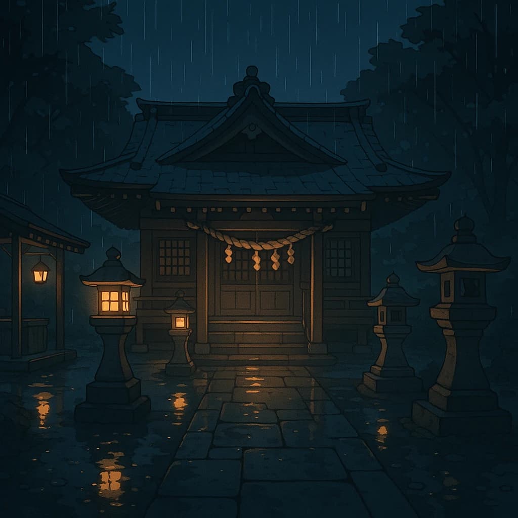 Lantern-lit shrine courtyard at night, cel-shaded, soft glow, drizzle.