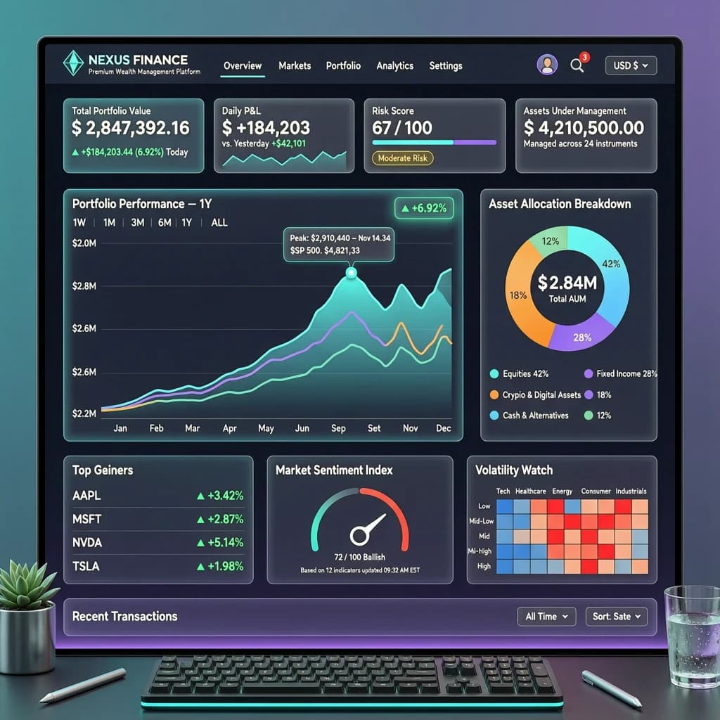 Make a dark mode finance dashboard with charts, glassmorphism, soft neon glow.
