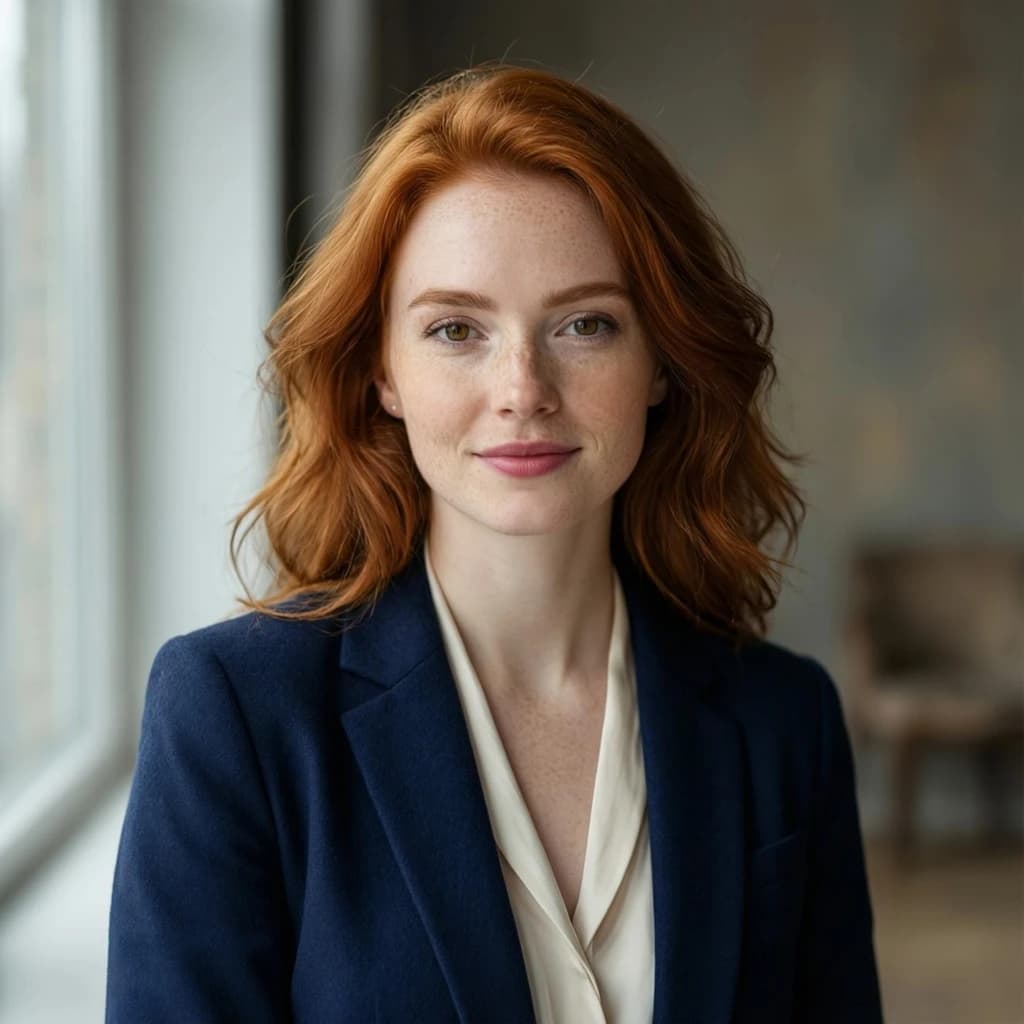 Capture a head-and-shoulders portrait of a freckled red-haired violinist in a navy blazer, soft window light, 85mm at f/1.8, gently smiling yet serious eyes, muted tones.