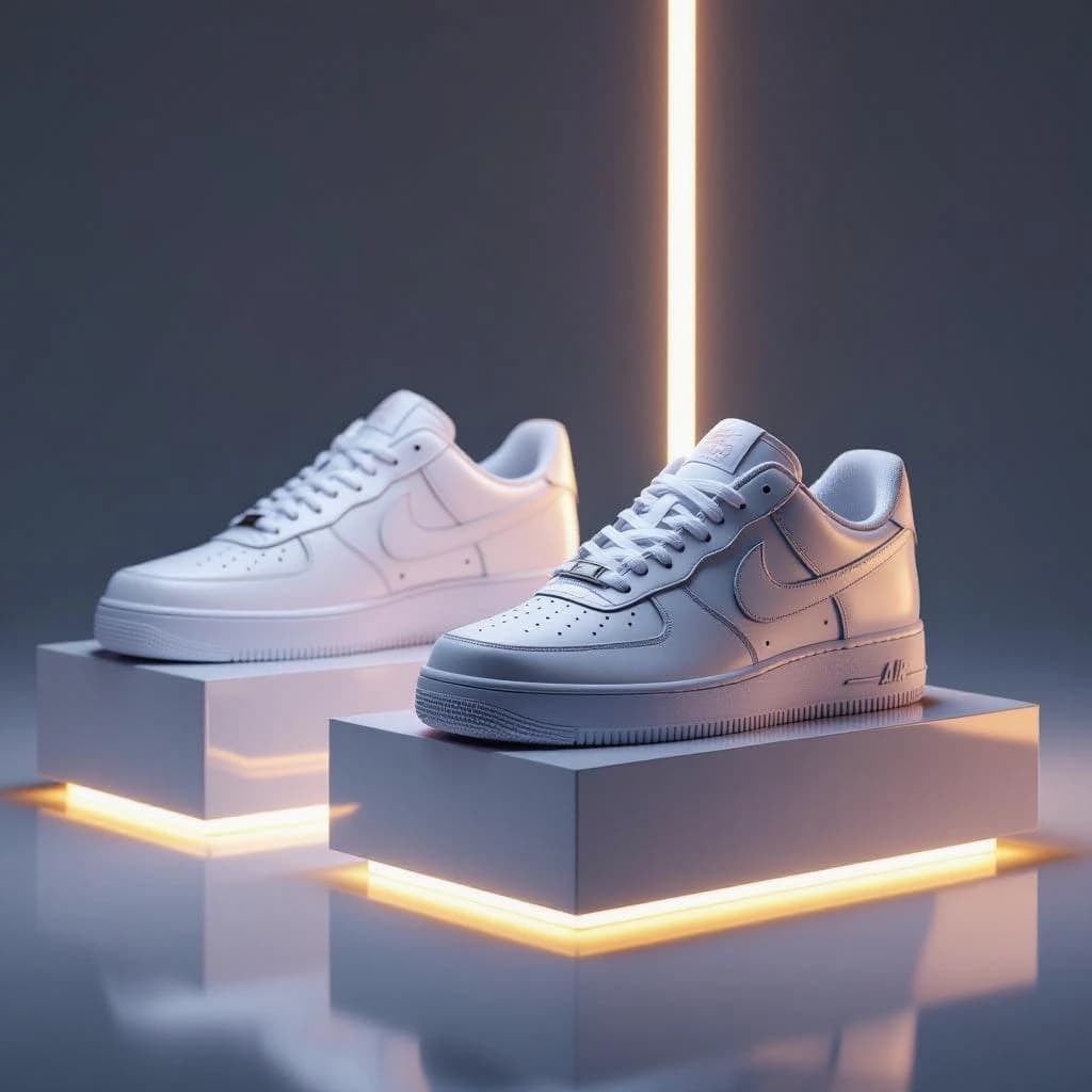 Make a polished 3D ad render: sneakers on glossy plinths, rim lighting.