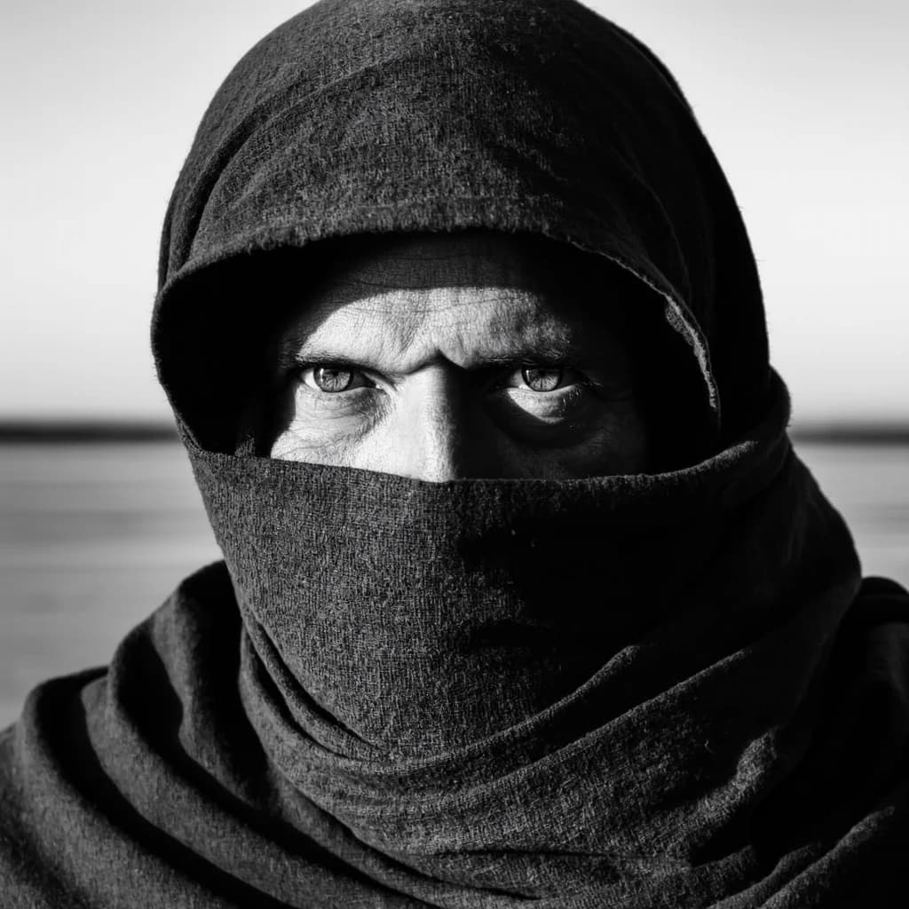 A dramatic black-and-white portrait of a young person draped in a hooded garment, their face framed by the hood's dark folds. Their skin tone and the subtle sheen on their cheeks create striking tonal contrast against the deep shadows. Their eyes are piercing, looking directly into the lens with a calm, steady intensity—neither confrontational nor submissive, but deeply present. The texture of the fabric is visible: it's dense, slightly weathered, and whisper-thin creases catch the light. In the background, an expansive, out-of-focus landscape suggests open space—perhaps distant plains or water—though the details remain soft and abstract. The overall mood is silent yet powerful, poised between vulnerability and resilience, with every highlight and shadow telling part of their story.