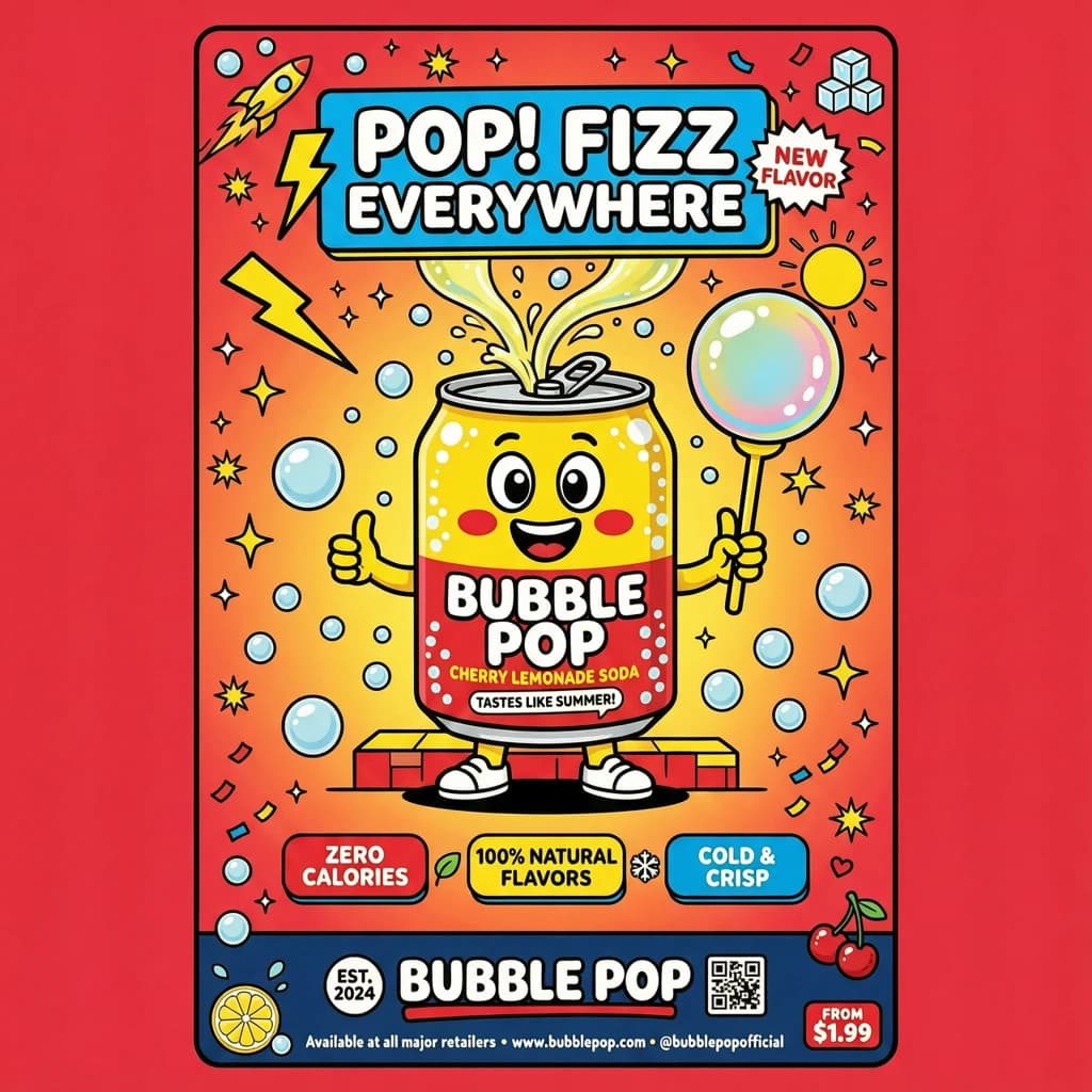 Design a bright soda billboard ad with a bubbly can mascot, thick inky lines.
