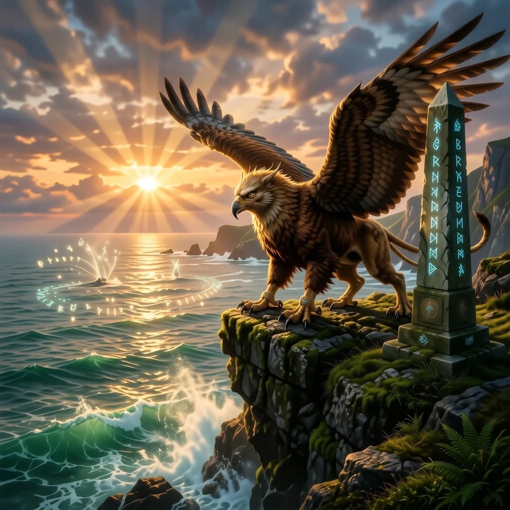 At dawn, a winged griffin lands on a mossy cliff above a jade sea beside a runed obelisk; floating isles drift under golden sunbeams, with a bit of sea spray and glowing runes.