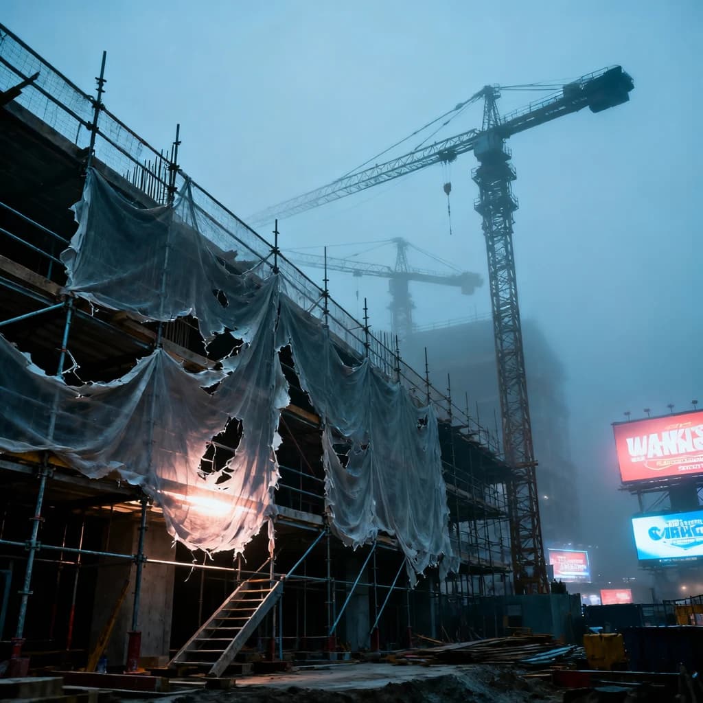 A construction site stretched upward into fog, cranes frozen in silhouette. Wind rattled scaffolding draped with torn mesh that glowed faintly from nearby billboards