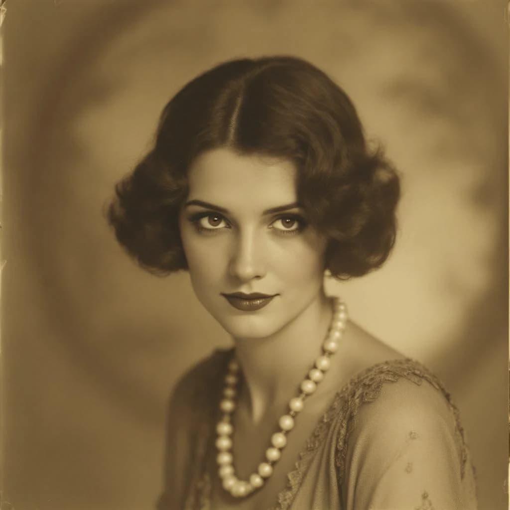 Sepia-toned studio portrait of a flapper with pearl necklace, soft grain.