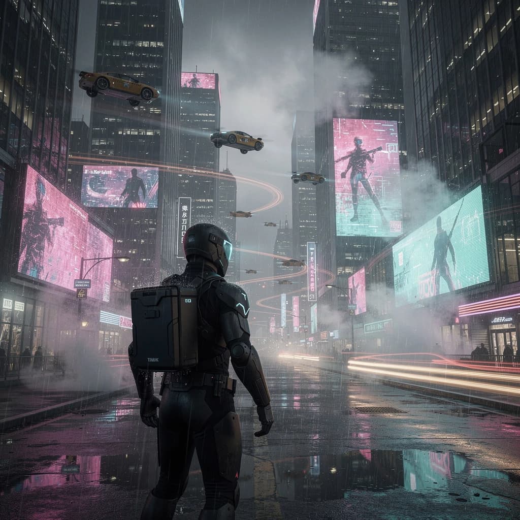 Rain-soaked neon megacity at night, flying taxis weave between glass towers, giant holograms flicker; a lone courier in a matte exosuit, somewhat cinematic wide angle.
