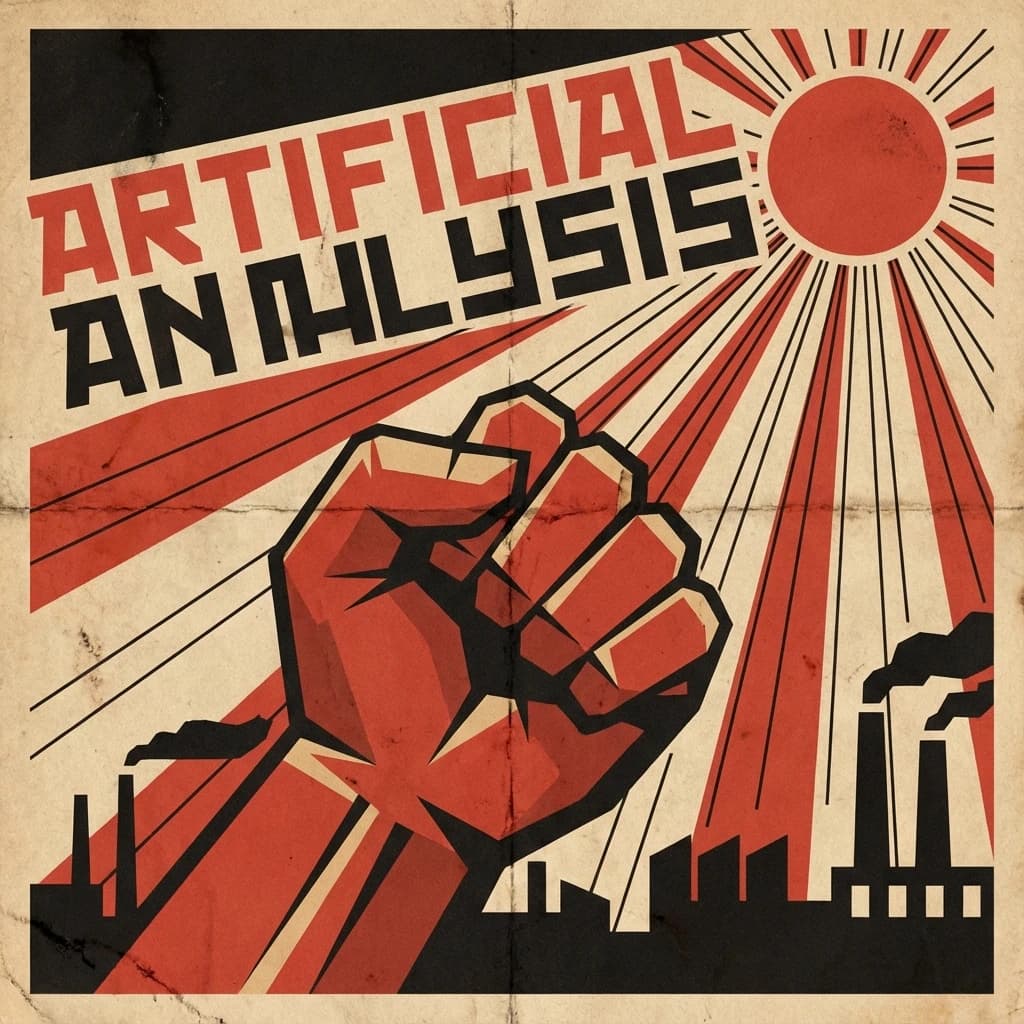 A propaganda poster in stark red, black, and beige. A clenched fist rises in the foreground, rendered with sharp geometric blocks. Behind it, radiating lines stretch upward toward a stylized sun. At the top, bold sans-serif lettering in Cyrillic-inspired type spells out Artificial Analysis, tilted at an angle for emphasis. A factory skyline silhouettes the bottom edge, smoke stacks rising into the background. The texture is rough, printed on aged paper with visible creases and ink bleed. Designed in the constructivist Soviet poster style.