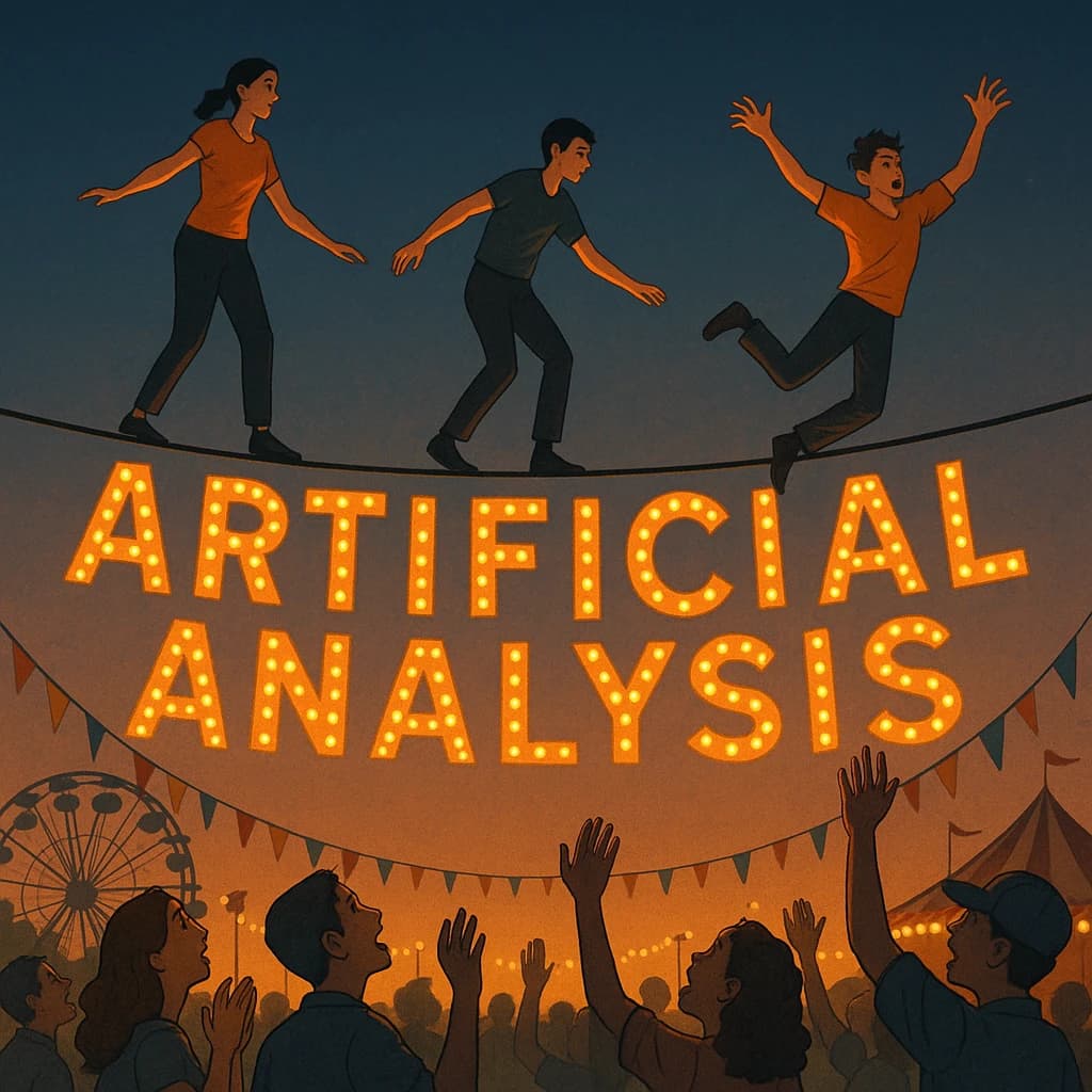 At dusk, high above a carnival crowd, three tightrope walkers balance on a single rope with no aids, one is off balance and grabbing at air. Below, the audience looks upward with baited anticipation. Artificial Analysis is spelled out in the background in carnival lights