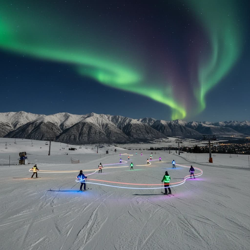 Coronet Peak Night Skiing: Skiers in colorful LED suits carve their way down the slopes of New Zealand's Coronet Peak under the Aurora Borealis, the skiers' light trails visible behind them