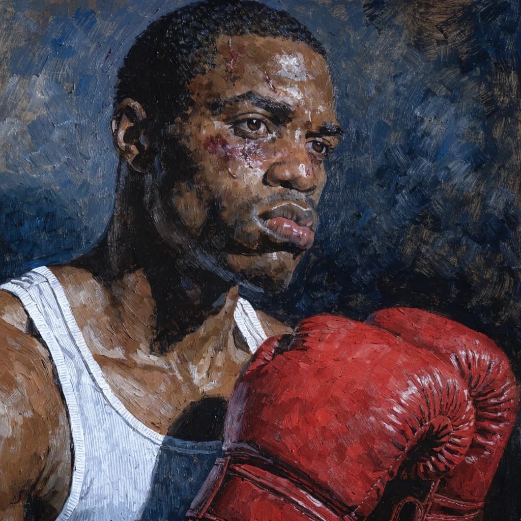 Paint a bruised boxer smiling, serious expression.