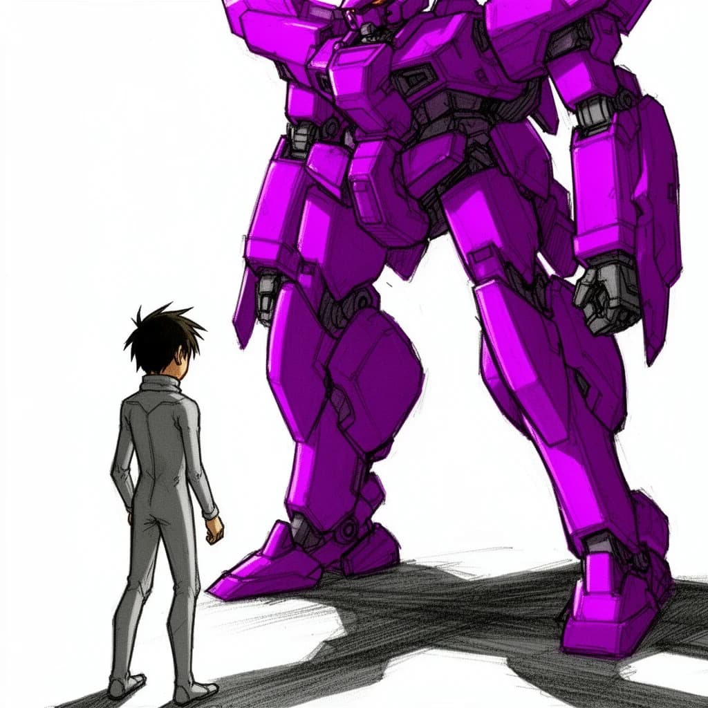 Clad in his body suit up to the neck, young Masa nervously approaches the towering mech with his back facing us. He is nervous for his first time in the field. The mech's bright purple colour scheme contrasts with the grey body suit. The scale of the mech dwarfs Masa. Hand drawn style