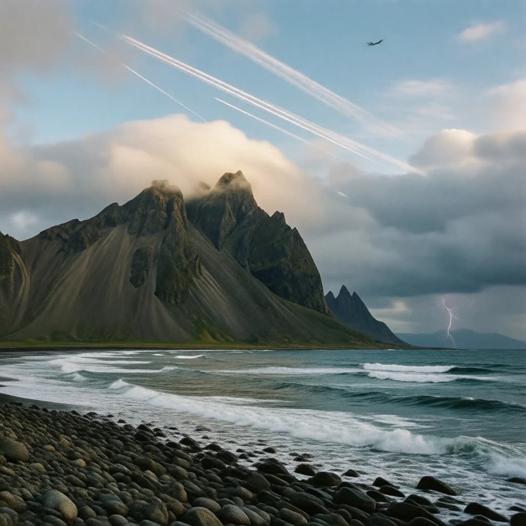 A stunning mountain vista pokes through the cloud top. Contrails from a distant airplane linger in the air. In the foreground there is a stony beach with foamy seas. A thunder storm is visibile in the distant right.