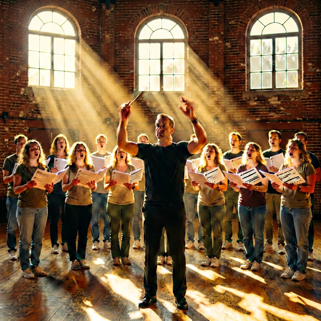 A choir rehearses in a brick hall as somewhat dramatic morning light falls through high windows, with a patient conductor mid-gesture, open scores, intent faces, slight motion blur.