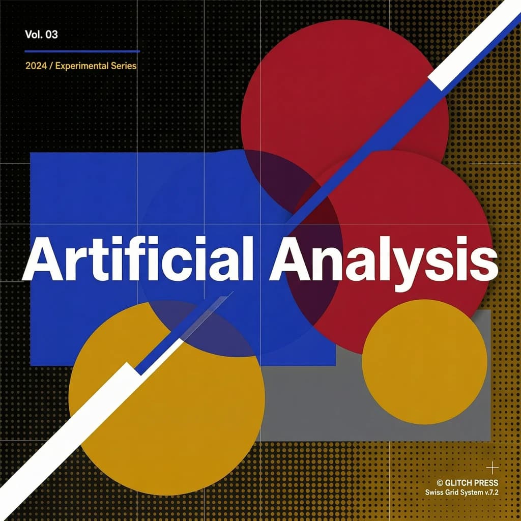 A bold poster composition dominated by flat geometric shapes in crimson, cobalt, and ochre. Overlapping circles and sharp diagonal lines create dynamic tension across the frame. A single sans-serif word — Artificial Analysis — stretches across the center in stark white, distorted slightly as though caught mid-glitch. The background is textured with halftone dots and faint grid lines, while subtle overlays of translucent rectangles suggest depth. Designed in the spirit of modernist Swiss typography fused with digital glitch aesthetics.