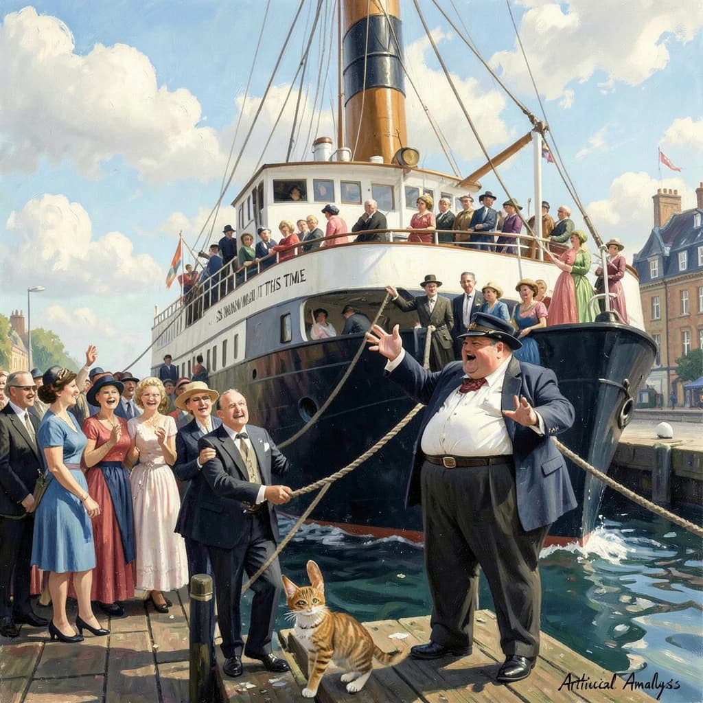 An impressionistic painting of the mighty steamer the "SS Unsinkable We Really Mean It This Time" on a cloudy but bright London morning about to set out on her maiden voyage. A jubilant crowd is gathered on the dock around the paunchy mayor who is making a speech, gesticulating wildly with his hands. The gangways are busy with well heeled ladies and gentlemen making their way onto the ship. A cheeky cat hangs over the water, clinging to the mooring rope after an ill-fated attempt to climb up. The artist has signed his name "Artificial Analysis" in the bottom corner