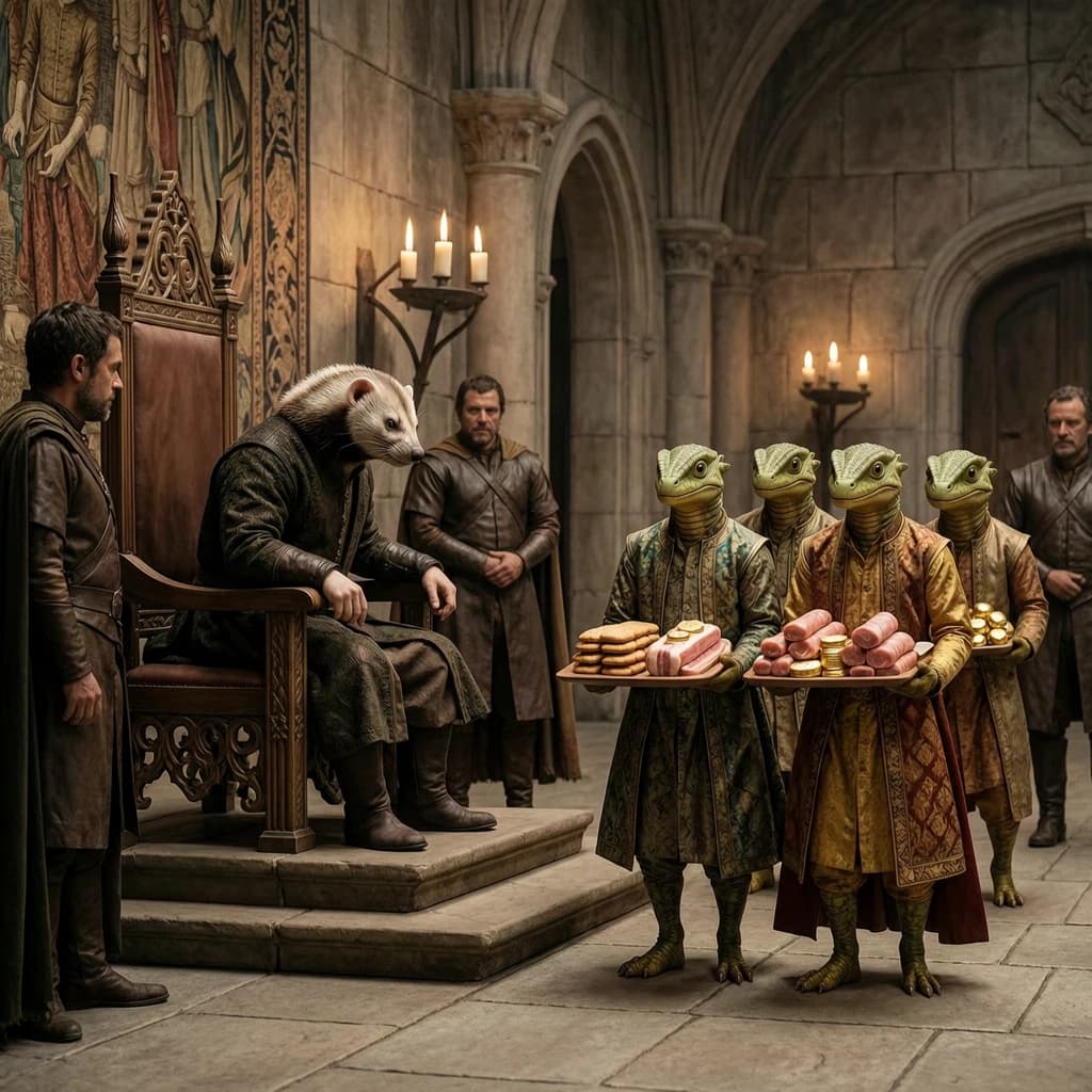 Big Weasel, the tyrannical ruler of the Levitus, slouches on his throne, his mood foul but somewhat brightened by the sight of gifts - a wearisome group of lizard traders adorned in fine silks proceed toward him through the hall with their annual tribute of biscuits, ham and gold - Big Weasel's favourites. Big Weasel's entourage looks on with stern approval.
