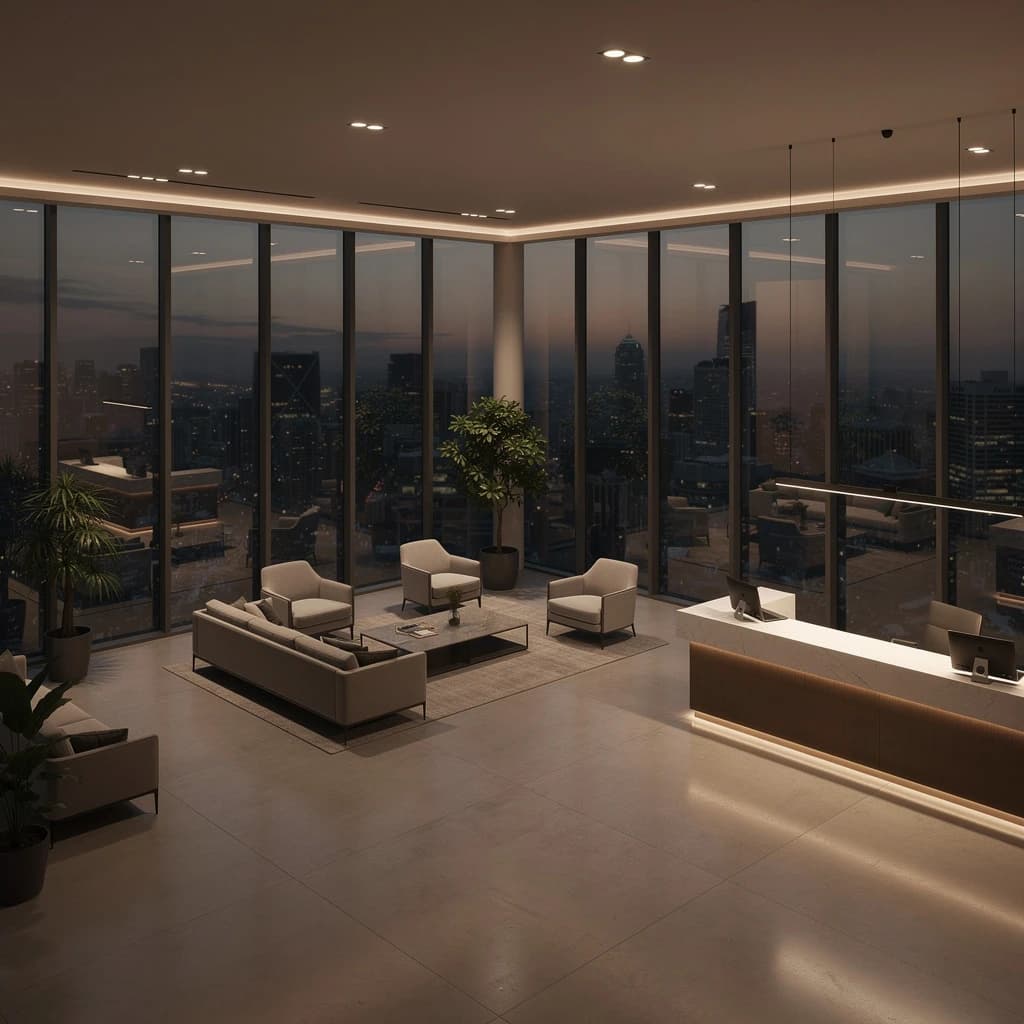 Isometric 3D lobby, glass walls, warm lights, slightly moody, soft shadows.