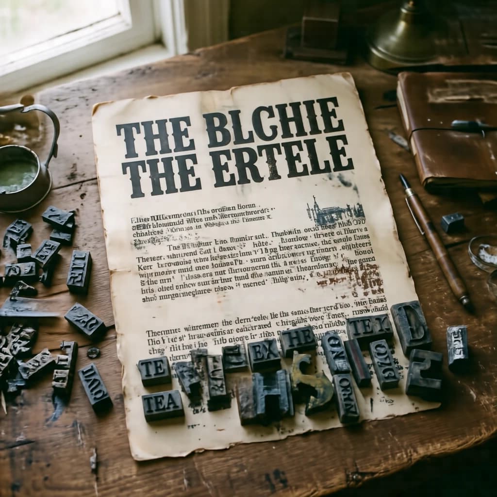 A vintage letterpress poster on a wooden desk: bold slab serif headline, tight kerning, misregistered ink, slightly worn edges, scattered metal type, soft window light.