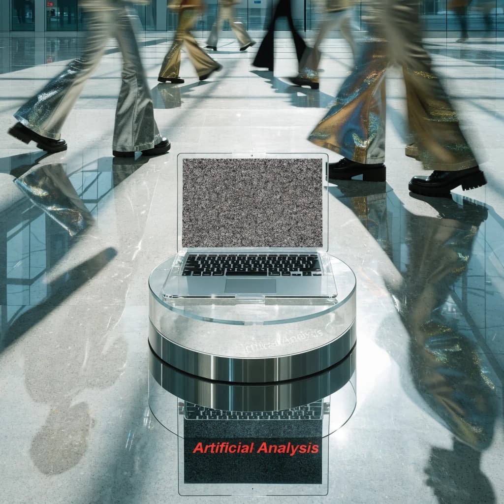 In a spotless gallery space, a pedestal supports a transparent laptop whose screen flickers between static and pristine brand imagery. Shoppers blur past in designer clothes that appear slightly outdated - bell bottoms, metallic jackets. The embossed logo “Artificial Analysis” glints silver, yet its reflection in the glass floor reads in crimson letters. A single spotlight shines, though shadows fall in two directions.
