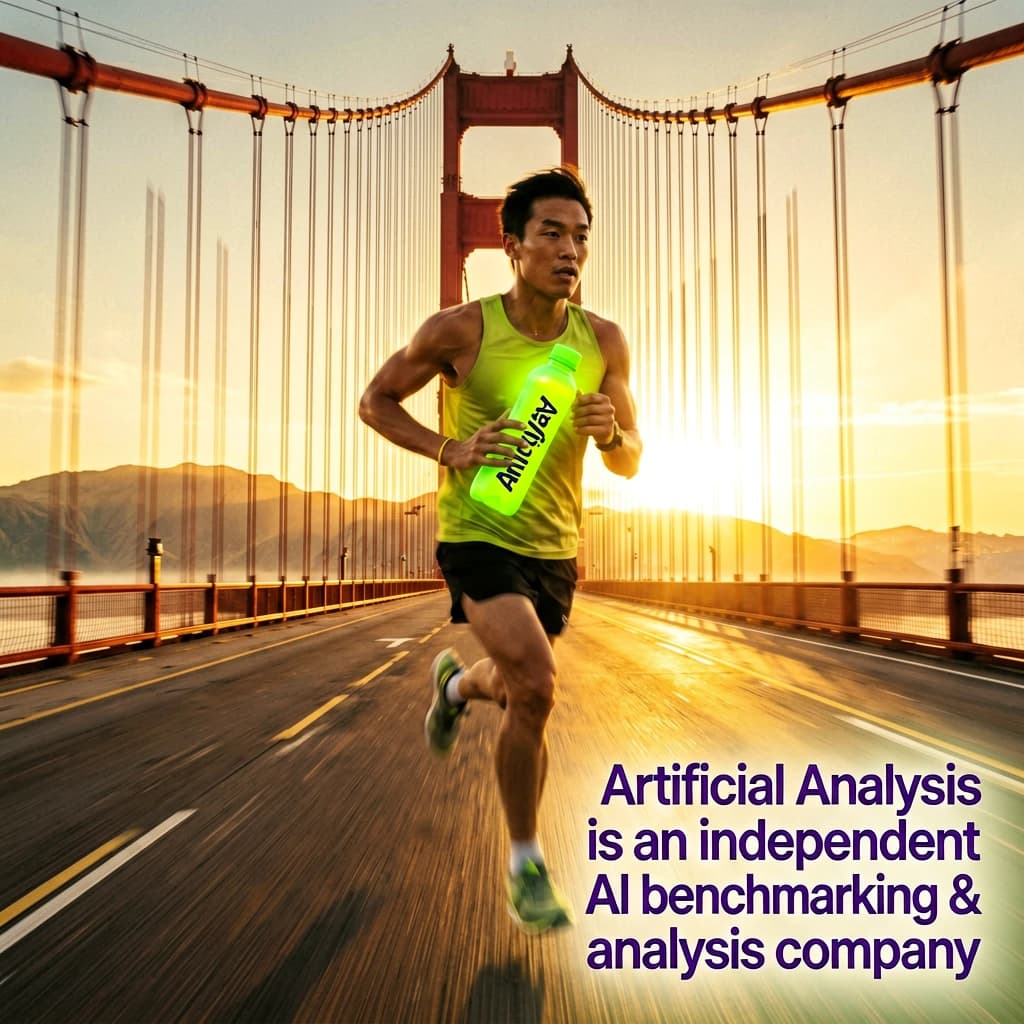 A runner dashes across the Golden Gate Bridge at dawn, sunlight streaming between cables. In their hand, they carry a neon-green sports drink with the brand name Artificial Analysis splashed boldly across the bottle. Motion blur emphasizes speed, while crisp purple sans serif typography overlays the bottom right of the scene with the tagline: Artificial Analysis is an independent AI benchmarking & analysis company