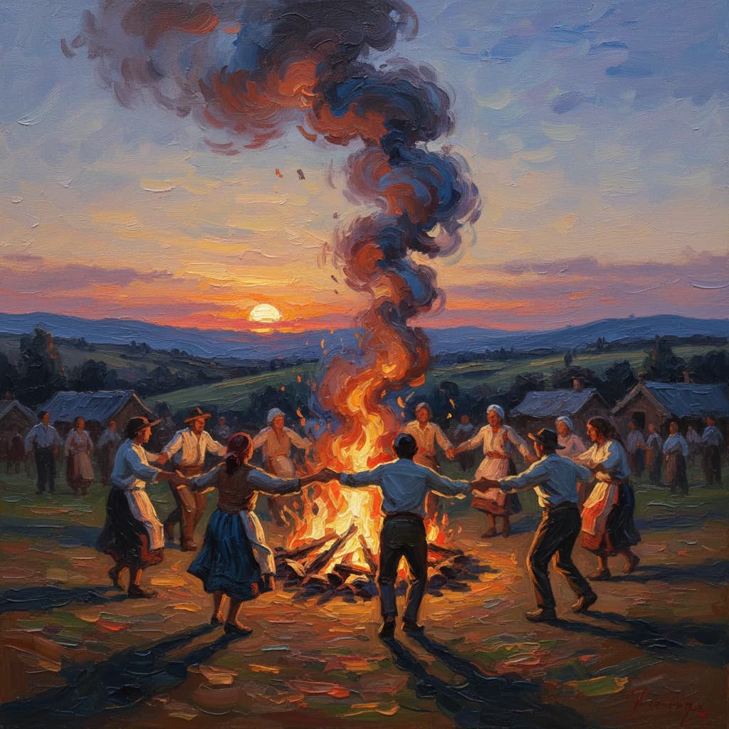 Make an oil painting of villagers dancing by a bonfire at dusk, a bit smoky.