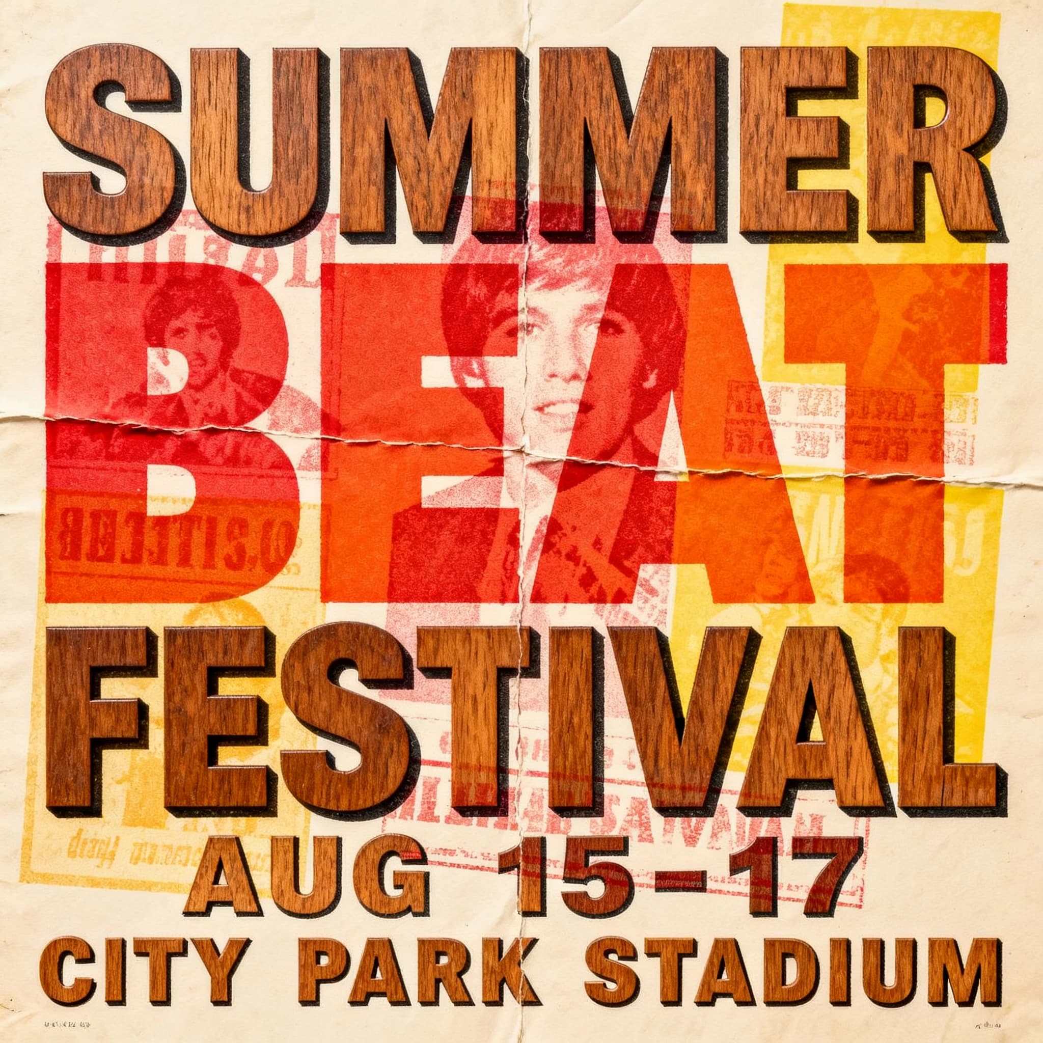 Make a 1960s concert poster featuring bold wood type, misaligned ink, creases.