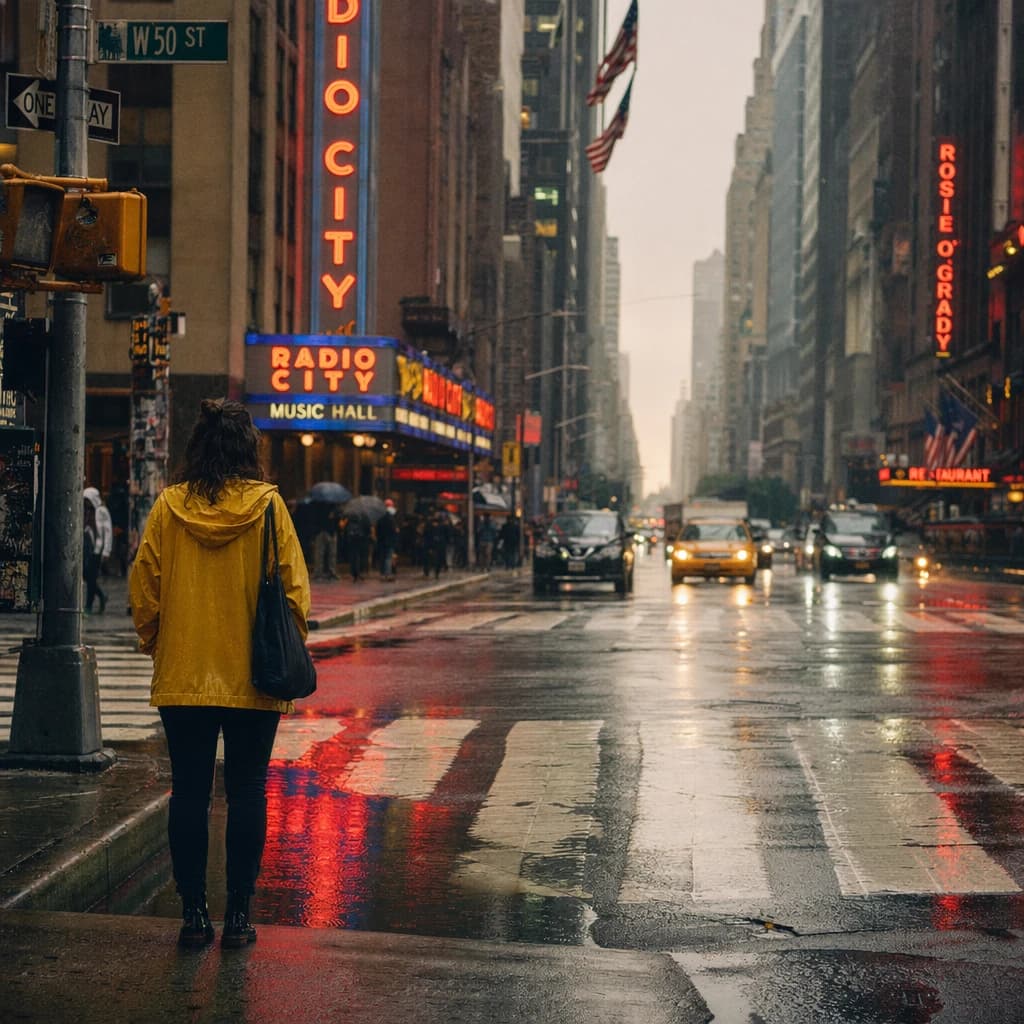 A sunlit city street after rain; puddles mirror neon signs as a woman in a yellow raincoat waits at a crosswalk, soft mist, 50mm look, natural tones, a bit of film grain.