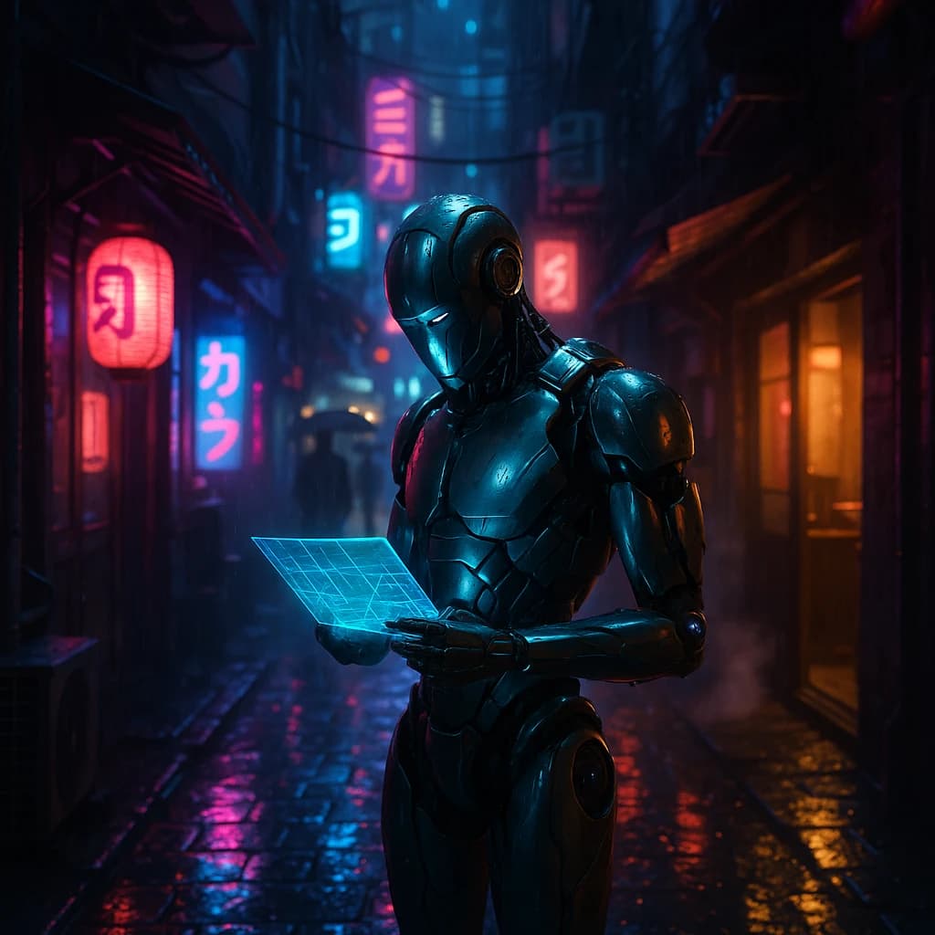 Neon-lit Tokyo alley, rain-slick cobblestones, a chrome android checks a map.