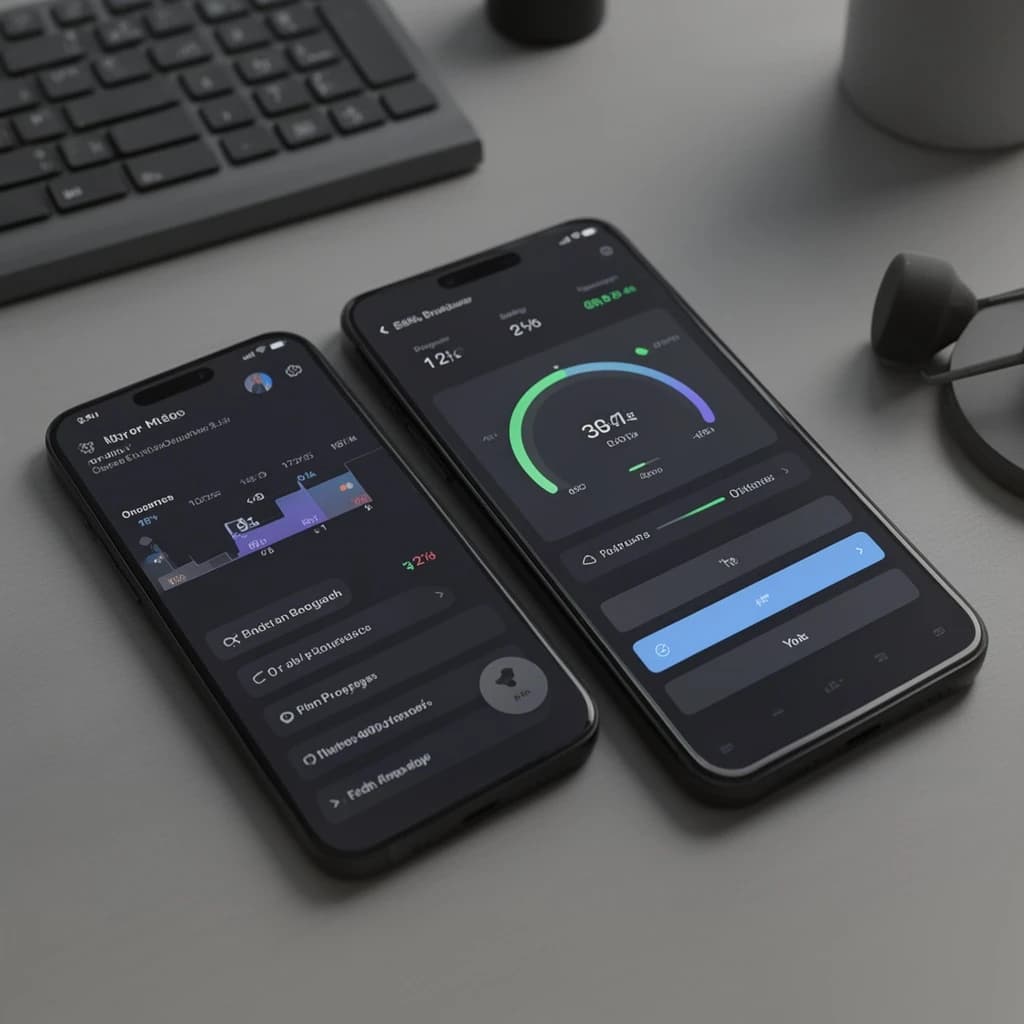 Sleek mobile fitness app screens on a desk: dark mode home, progress dashboard, simple onboarding, clear 8 pt grid, slightly oversized buttons for thumb reach, muted colors.