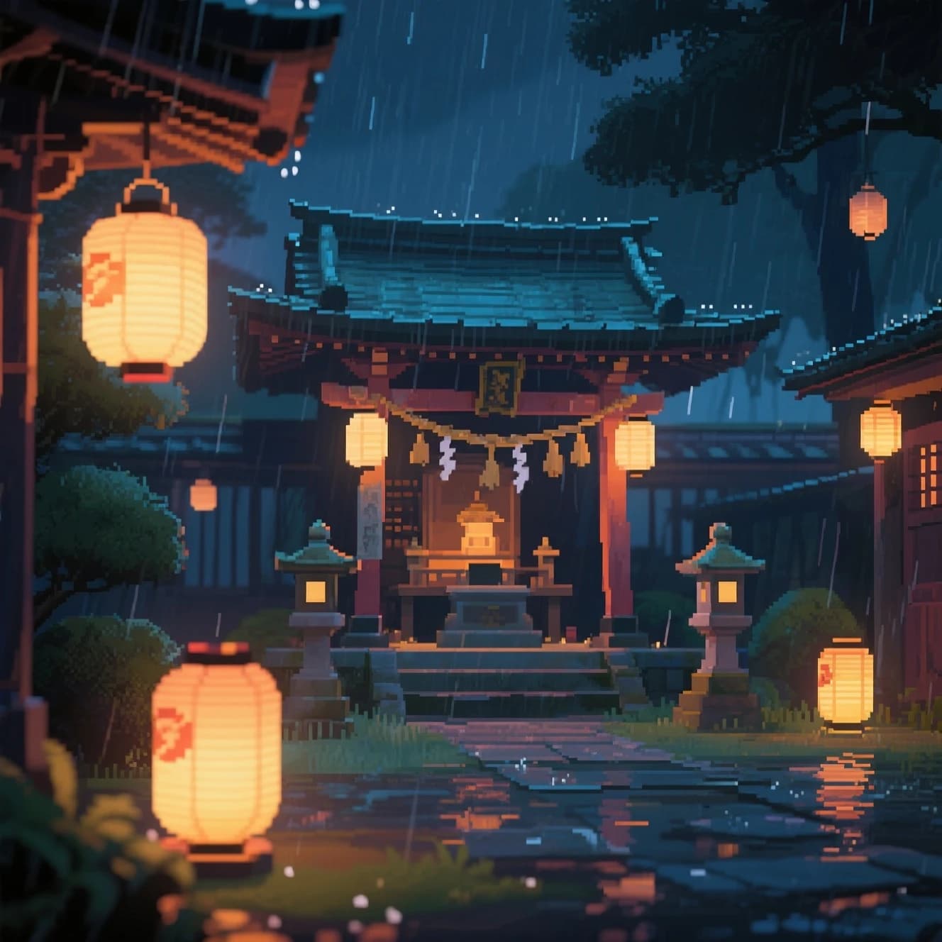 Lantern-lit shrine courtyard at night, cel-shaded, soft glow, drizzle.