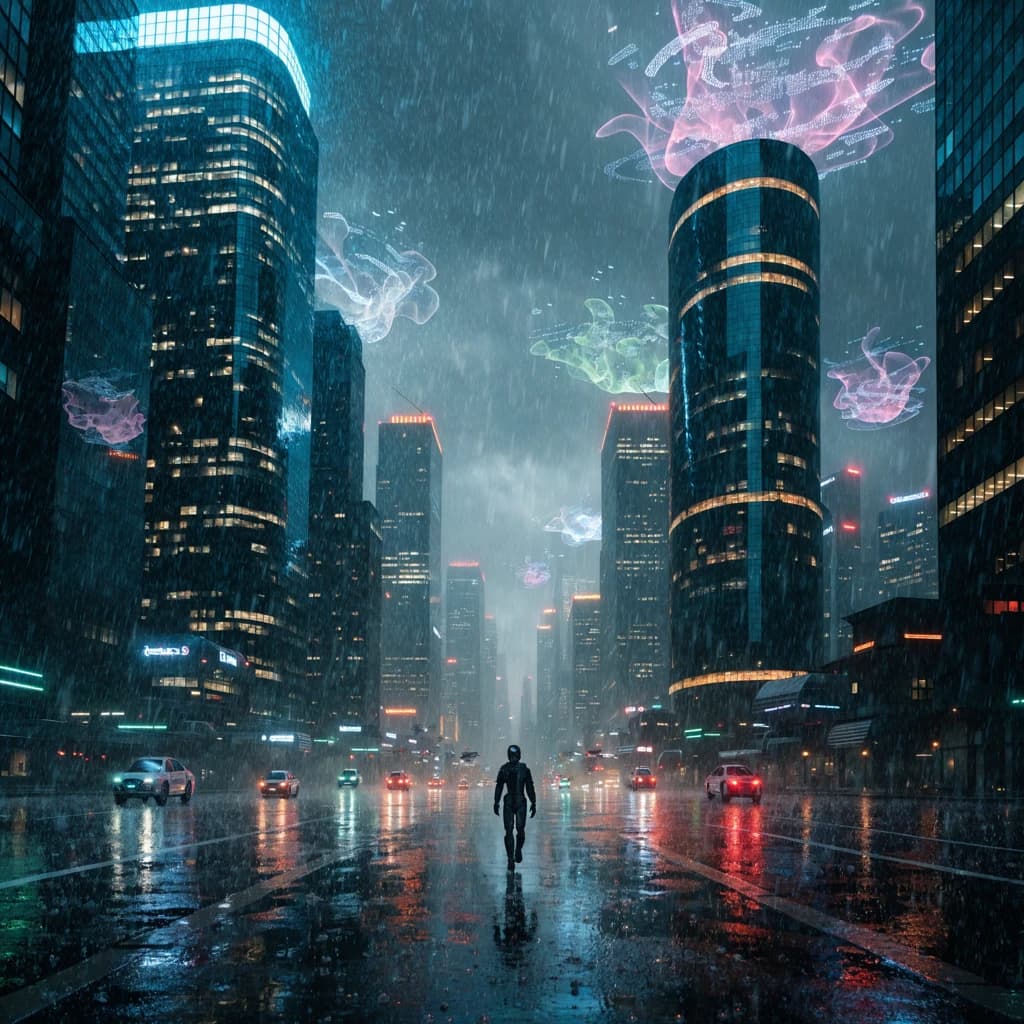 Rain-soaked neon megacity at night, flying taxis weave between glass towers, giant holograms flicker; a lone courier in a matte exosuit, somewhat cinematic wide angle.