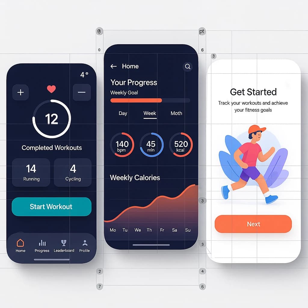 Sleek mobile fitness app screens on a desk: dark mode home, progress dashboard, simple onboarding, clear 8 pt grid, slightly oversized buttons for thumb reach, muted colors.