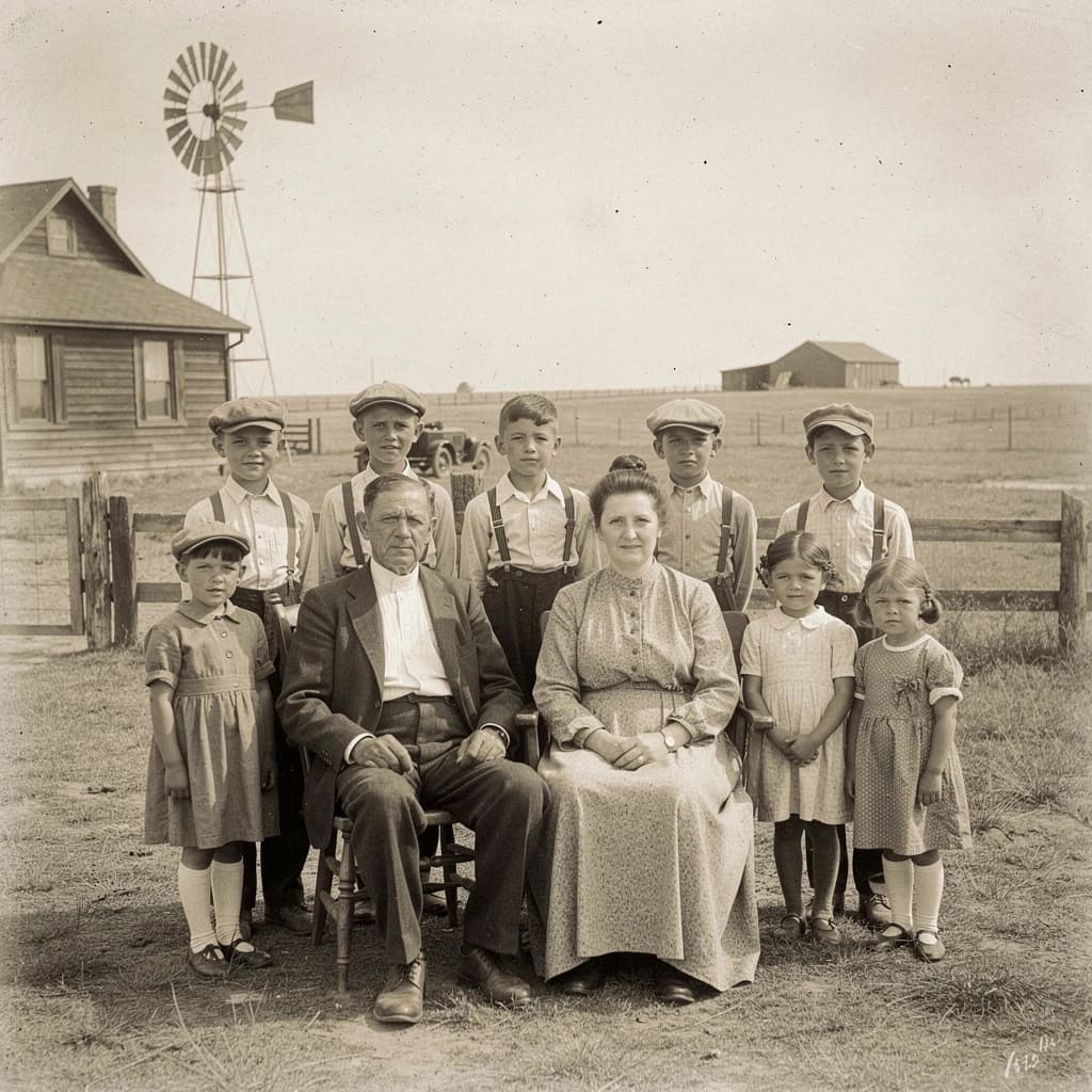 Everybody holds still and nobody smiles for the family portrait. It's 1928 in Kansas