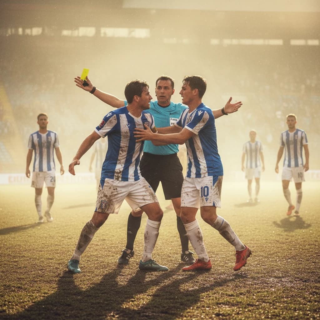 The soccer player clashes with the ref. It is thick and humid and the heat is getting to the players. His friend tries to pull him off before he causes any more trouble.