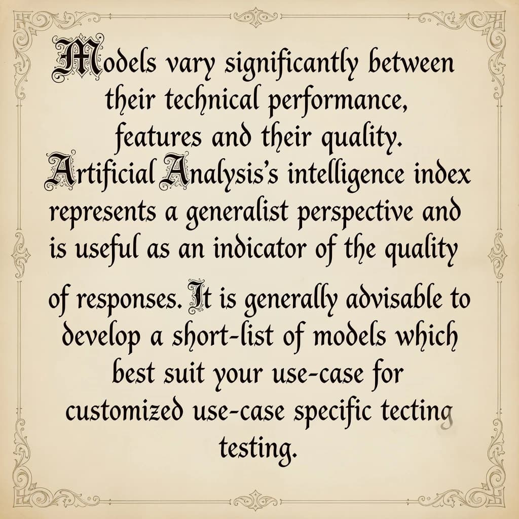 On a flat layout, write in an ornate baroque style "Models vary significantly between their technical performance, features and their quality. Artificial Analysis's intelligence index represents a generalist perspective and is useful as an indicator of the quality of responses. It is generally advisable to develop a short-list of models which best suit your use-case for customized use-case specific testing. "