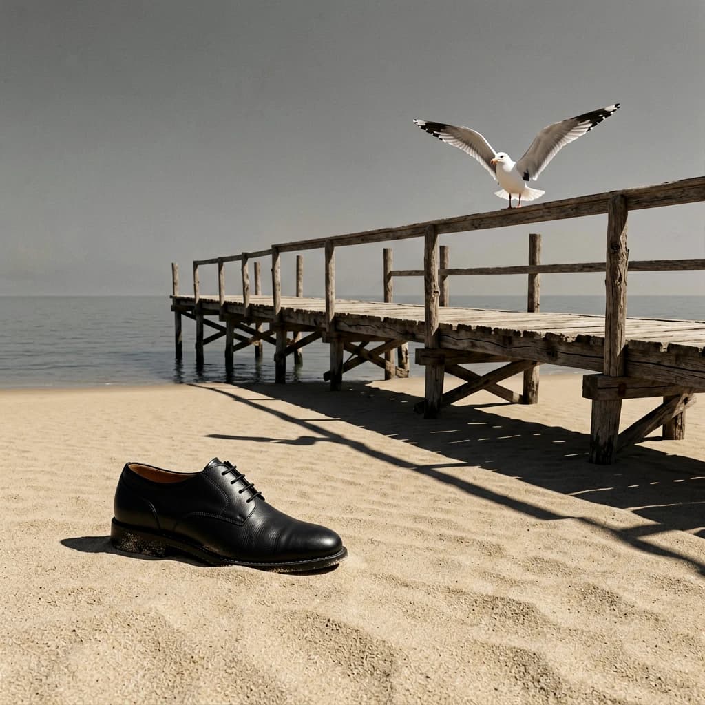 The beach is flat, sand beige, granular, no shells, except for a single left shoe, black leather, size eleven, half buried at an angle. The pier extends straight into the water, wood untreated, grain visible, though the support posts vanish before they touch the surface. The sky is uniformly gray, no clouds, yet shadows stretch at sharp diagonals. A single gull sits on the railing, wings outstretched, frozen mid-flap, no movement.