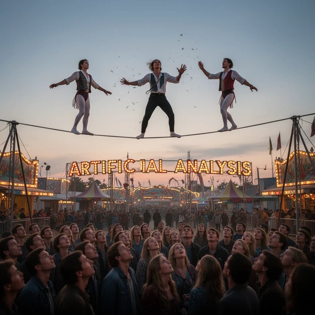 At dusk, high above a carnival crowd, three tightrope walkers balance on a single rope with no aids, one is off balance and grabbing at air. Below, the audience looks upward with baited anticipation. Artificial Analysis is spelled out in the background in carnival lights
