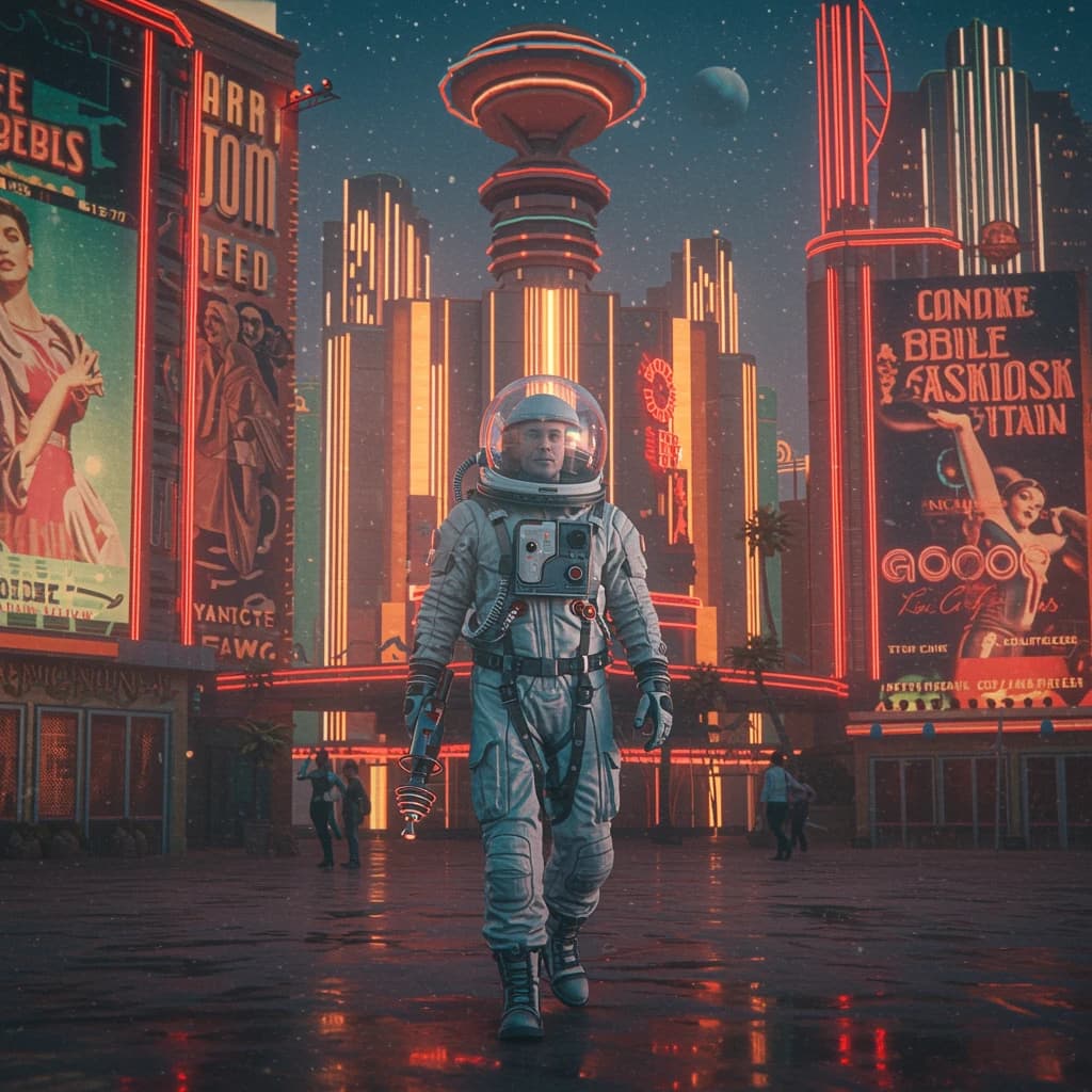 Raygun-toting astronaut in a bubble helmet strolls past art deco billboards.