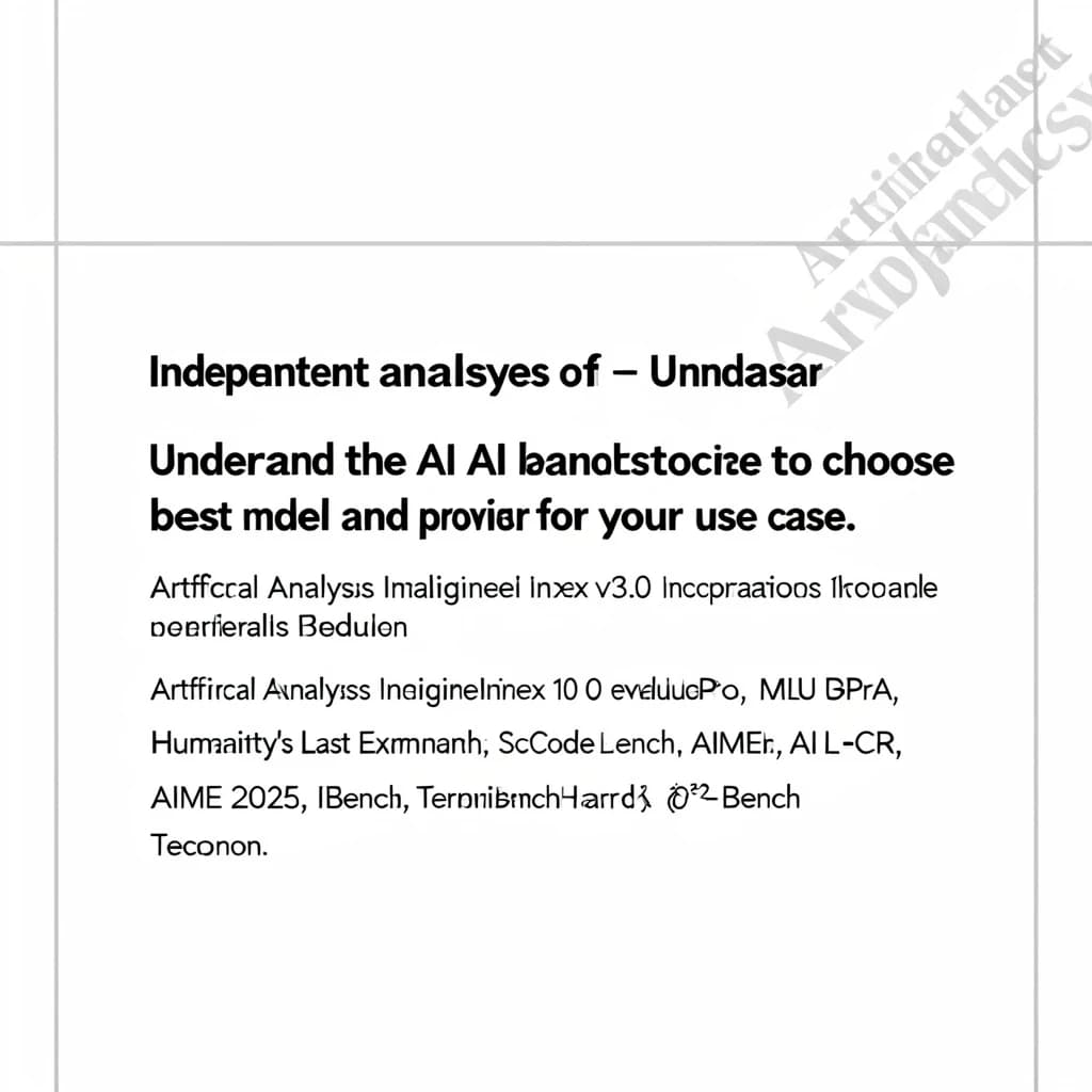On a white dashboard with thin gray dividers, place a centered header in Helvetica Neue Bold, 20pt: “Independent analysis of AI - Understand the AI landscape to choose the best model and provider for your use case.” Directly beneath, a subheader in smaller Regular weight, 14pt: “Artificial Analysis Intelligence Index v3.0 incorporates 10 evaluations: MMLU-Pro, GPQA Diamond, Humanity's Last Exam, LiveCodeBench, SciCode, AIME 2025, IFBench, AA-LCR, Terminal-Bench Hard, 𝜏²-Bench Telecom.” The header is fully justified but the subheader is left-aligned. In the upper right corner, the Artificial Analysis logo appears watermarked, diagonal, faint gray, partially overlapping the scrollbar.