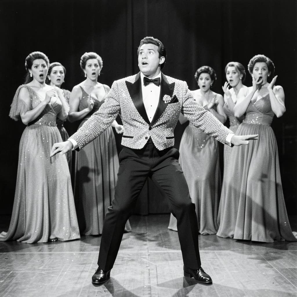 An archival image from 1953 of the rock singer swinging his hips on the stage while glamorous back up singers feign shock at his gyrations! He wears a diamond encrusted jacket with the stones arranged in the shape of a heart