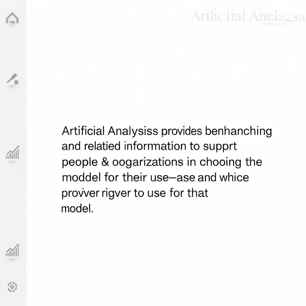On a high-resolution dashboard mockup with a clean white background, display a centered text module in Helvetica Neue Regular, 18pt, black: “Artificial Analysis provides benchmarking and related information to support people & organizations in choosing the right model for their use-case and which provider to use for that model.” The text box is justified, but the final word wraps awkwardly onto its own line. To the left, a vertical navigation bar in light gray with three icons - home, chart, and settings - aligned evenly but casting misaligned shadows. In the upper right, the Artificial Analysis logo appears faintly, semi-transparent, watermarked over the corner of the interface.