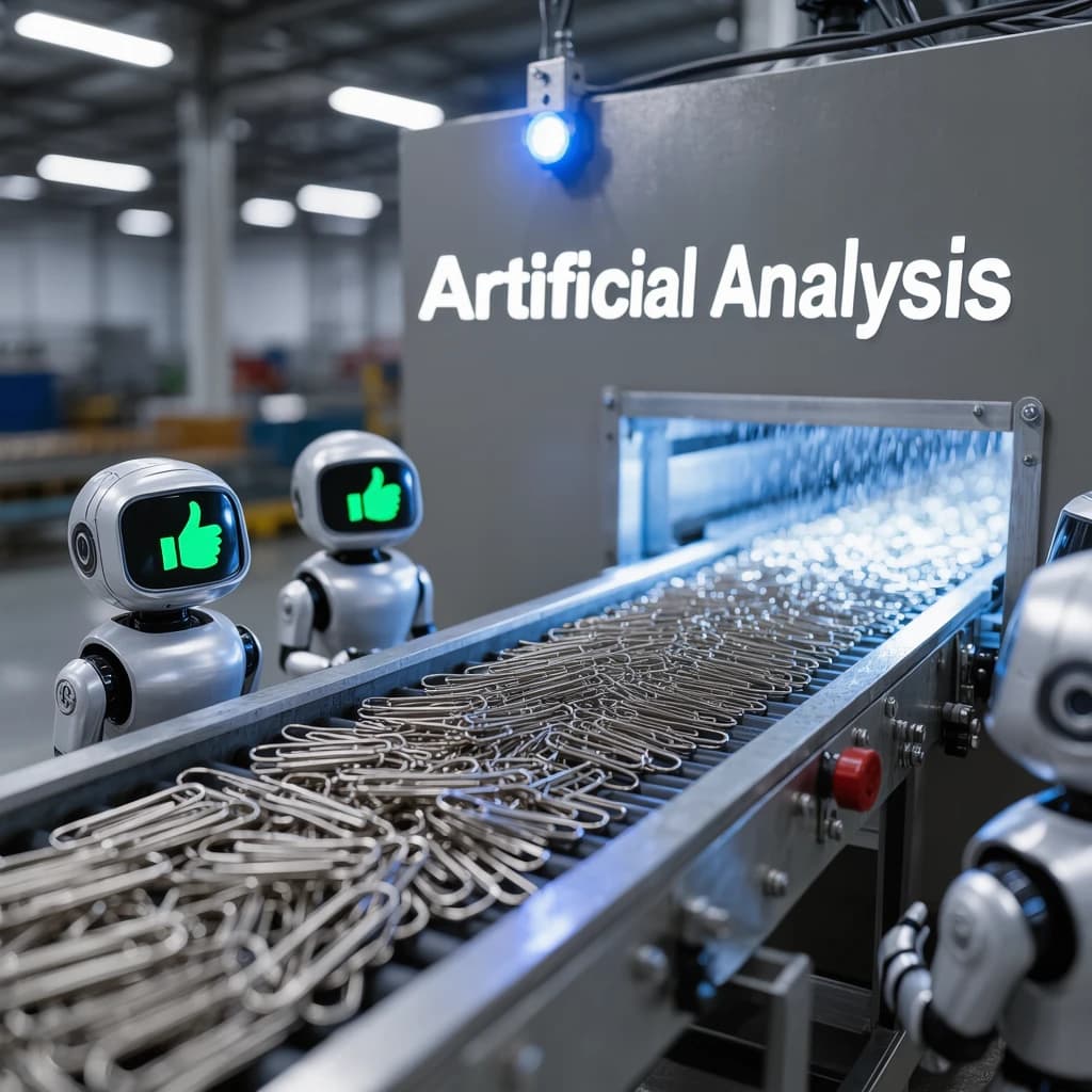 Close up point of view perspective on a conveyor belt pumping out paperclips at a maddening pace. The high tech factory has Artificial Analysis printed proudly on the wall. Robot staff look approvingly over the robust output.