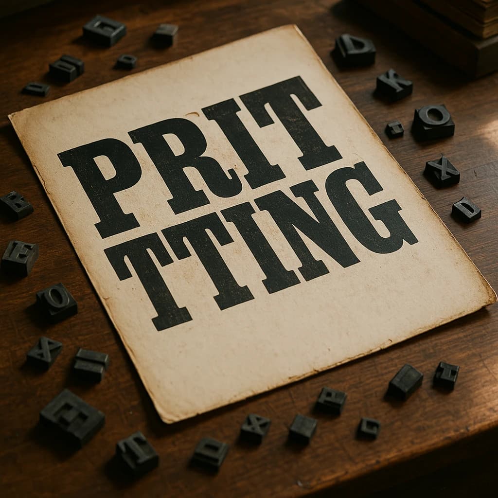 A vintage letterpress poster on a wooden desk: bold slab serif headline, tight kerning, misregistered ink, slightly worn edges, scattered metal type, soft window light.