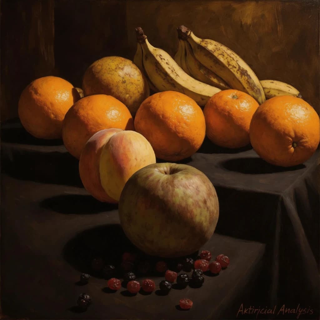 A still life scene painted oil on canvas, comprising various fruits on a black table cloth with striking lighting coming from the right out of frame, creating strong shadows. A bruised green apple is in the foreground, a peach behind it, and behind that a melange of oranges and bananas in various states of ripeness. Berries are strewn in front of the apple. The artist has signed his name "Artificial Analysis" in the bottom right corner in a hurried fashion.