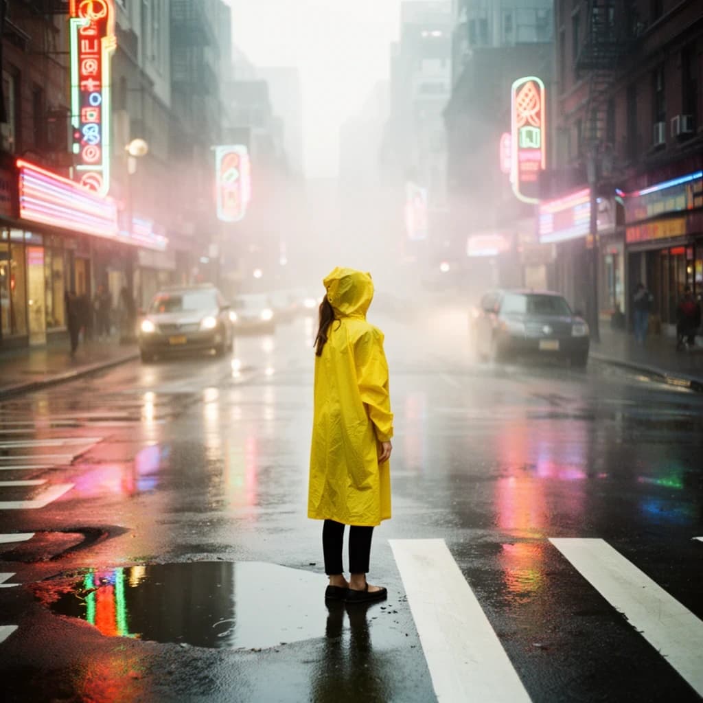 A sunlit city street after rain; puddles mirror neon signs as a woman in a yellow raincoat waits at a crosswalk, soft mist, 50mm look, natural tones, a bit of film grain.