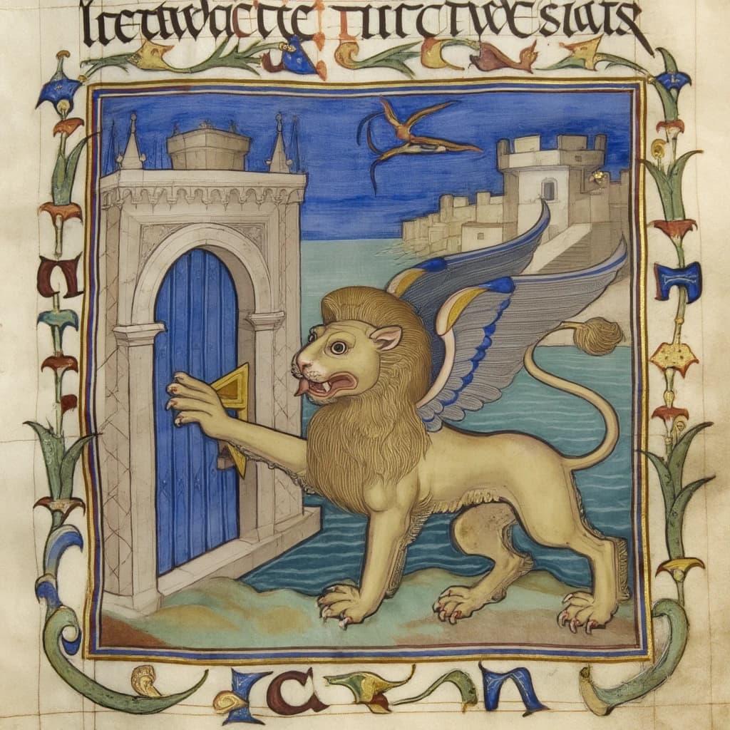 Paint an illuminated manuscript scene of a winged lion guarding a sea gate.