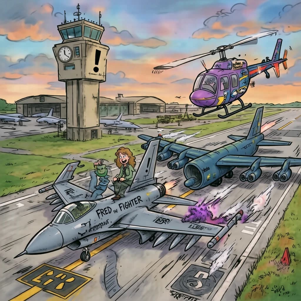 Almost at the runway, Fred the Fighter Jet is racing with Barry the Bomber to see who lands first. Fred has a mischievous trick up his sleeve but Hermione the Helicopter is going to stop him before he gets the chance. The control tower is very angry and has a big exclamation mark. Hand drawn cel look